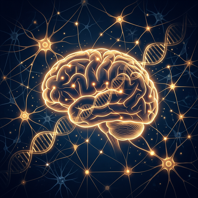 Иллюстрация нейронных связей и ДНК-спирали - символ научных исследований аутизма