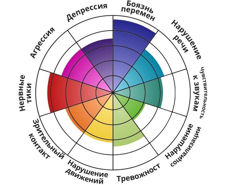Колесо спектра аутизма — 10 направлений, каждое с разной степенью выраженности